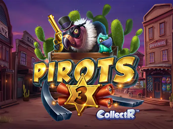 Pirots 3 slot artwork with the central pirate bird and town backdrop